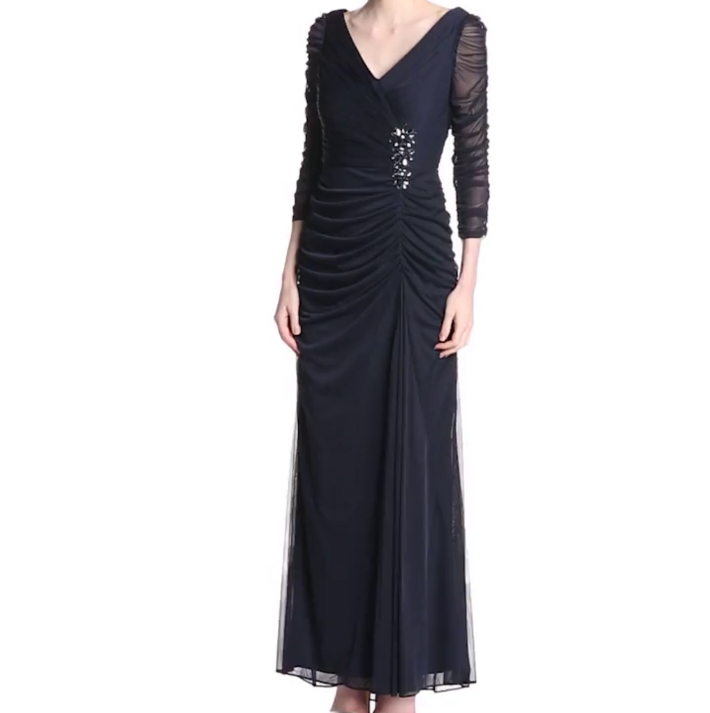 Adrianna Papell Blue V-Neck Bishop Sleeve Maxi Gown